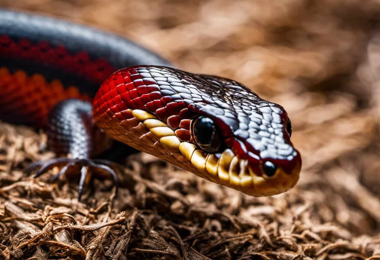  a captivating image of a red racer snake poised to strike, its mouth agape, with a bat mid-flight