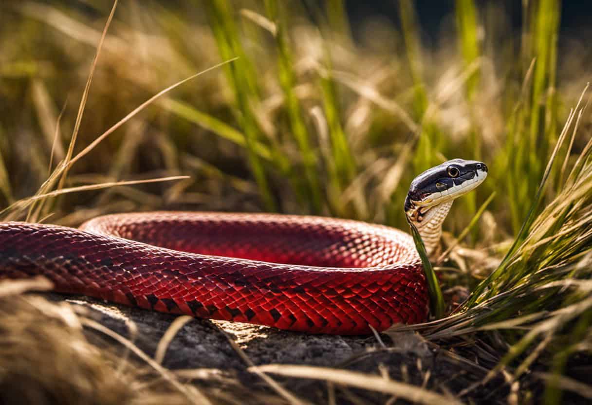 An image showcasing a Red Racer snake coiled around a Gopher snake amidst tall grass, capturing the intense moment before the Red Racer devours its prey