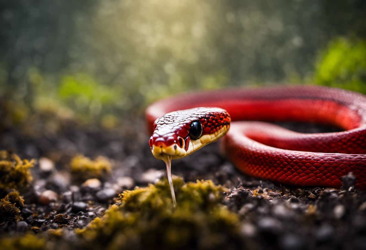An image capturing the moment when a Red Racer Snake flicks its forked tongue into the air, capturing scent particles, showcasing the crucial role of smell in their prey detection