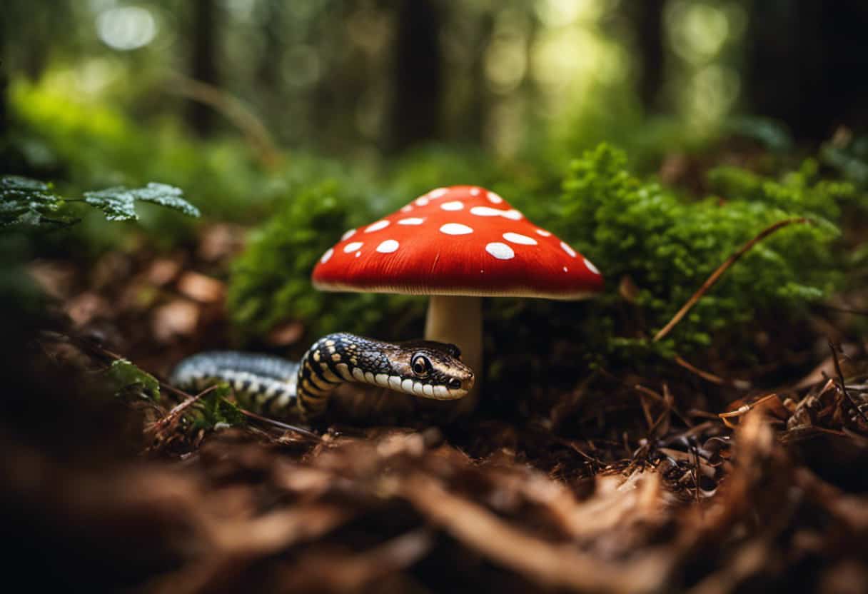 An image showcasing a lush, sun-dappled forest floor, with a ring snake coiled around a vibrant toadstool, its mouth wide open, capturing an unsuspecting earthworm in its sharp, gleaming teeth