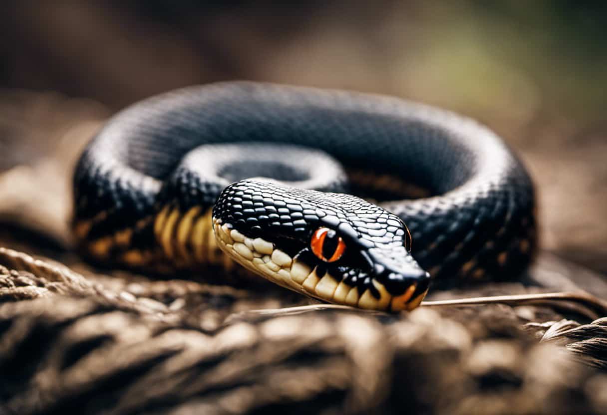 An image capturing a close-up of a ring snake's sharp teeth sinking into a wriggling mouse, showcasing the intense hunting behavior of these serpents