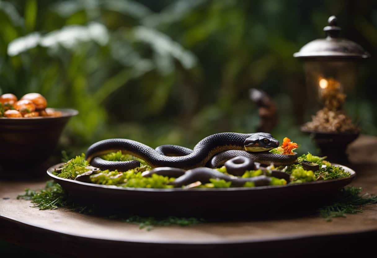 An image showcasing a ring snake's dining table, filled with a wide array of food sources such as earthworms, slugs, frogs, toads, small fish, and even the occasional bird or rodent