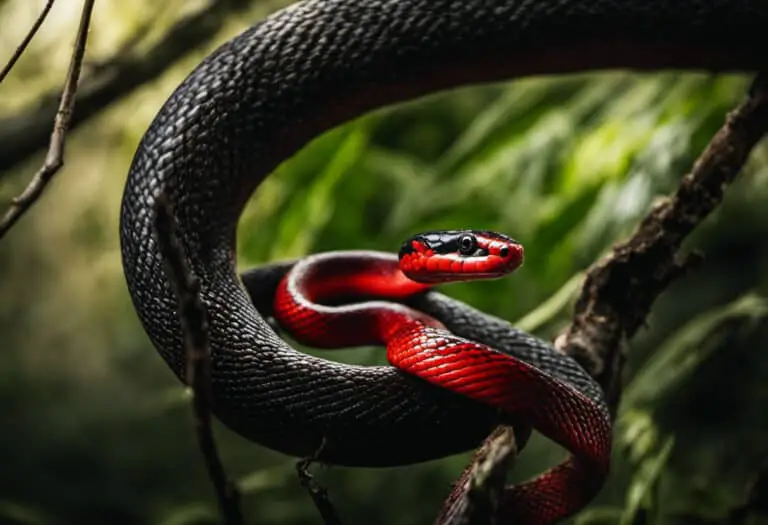 An image showcasing a vibrant scarlet snake coiled around a tree branch, its slender body curving gracefully