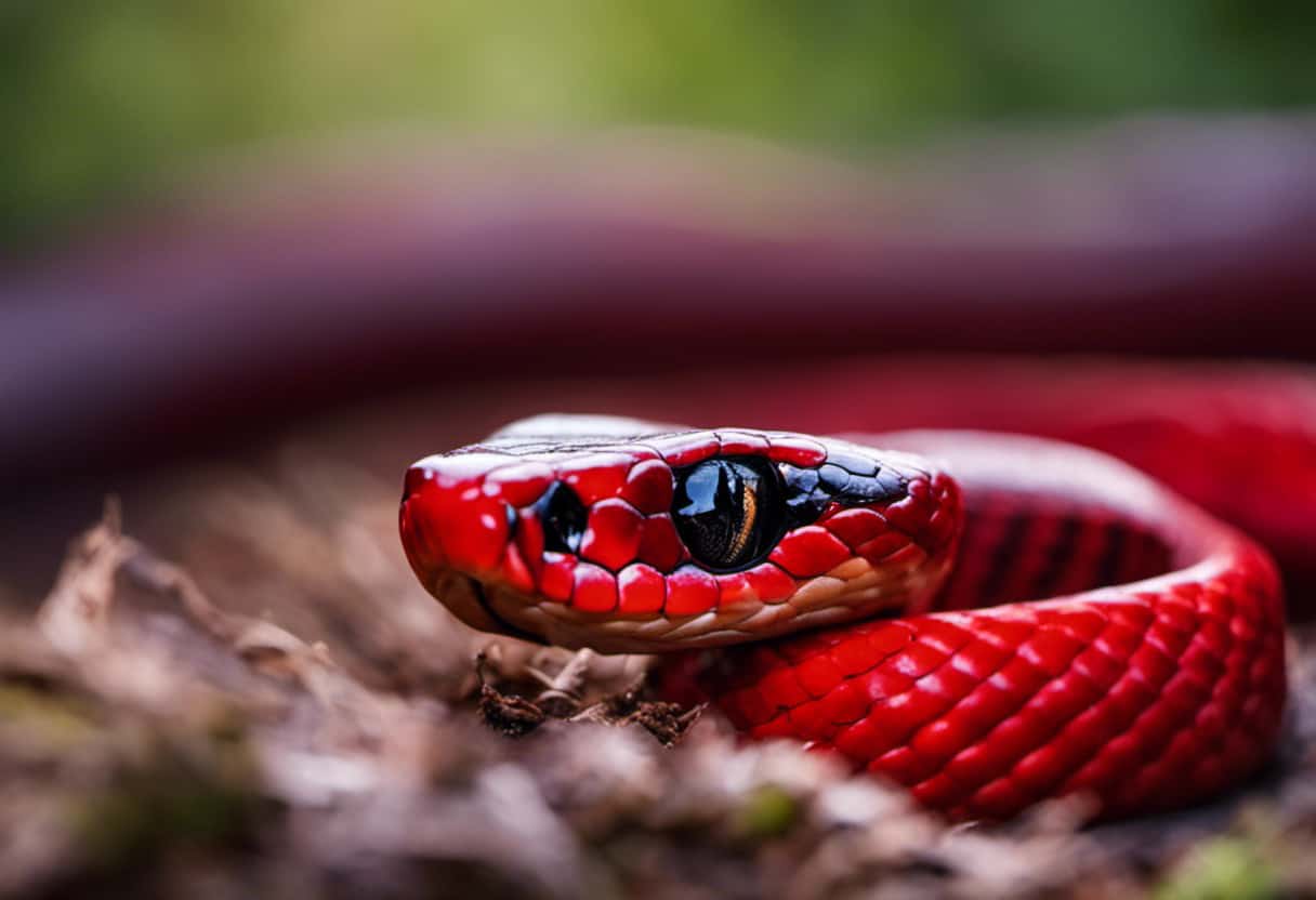 An image capturing the intense moment when a scarlet snake strikes its prey, showcasing its sharp fangs sinking into a wriggling mouse, depicting the vivid red scales and contrasting the natural backdrop