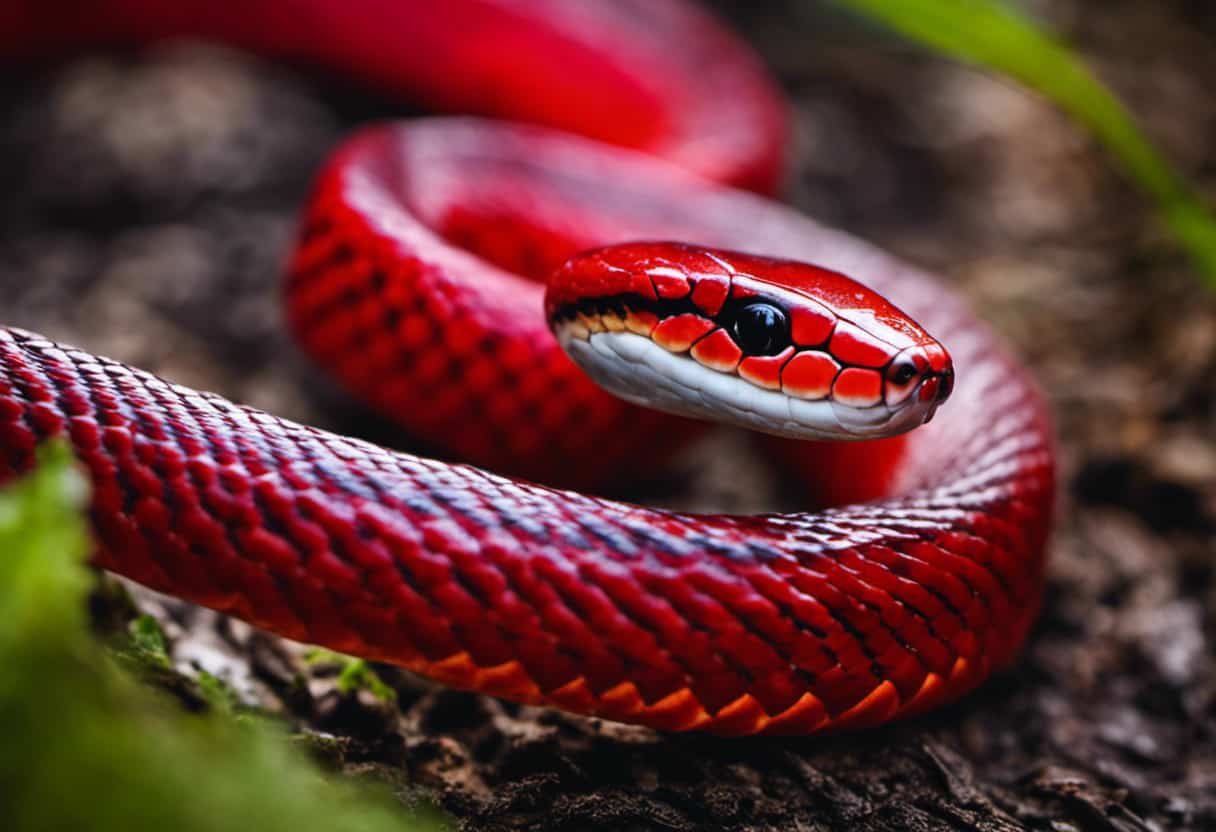 An image showcasing a vibrant scarlet snake, gracefully coiled around a freshly caught prey, displaying its slender body and distinct red hues, capturing the natural curiosity of readers on the subject of Scarlet Snakes' feeding habits