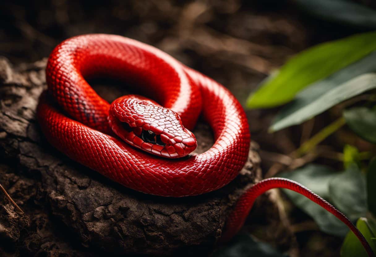 An image showcasing the gastronomic delights of scarlet snakes: a vibrant, red serpent elegantly coiled around a freshly caught mouse, its scales glistening under the warm sun, while the prey's delicate bones lay scattered nearby