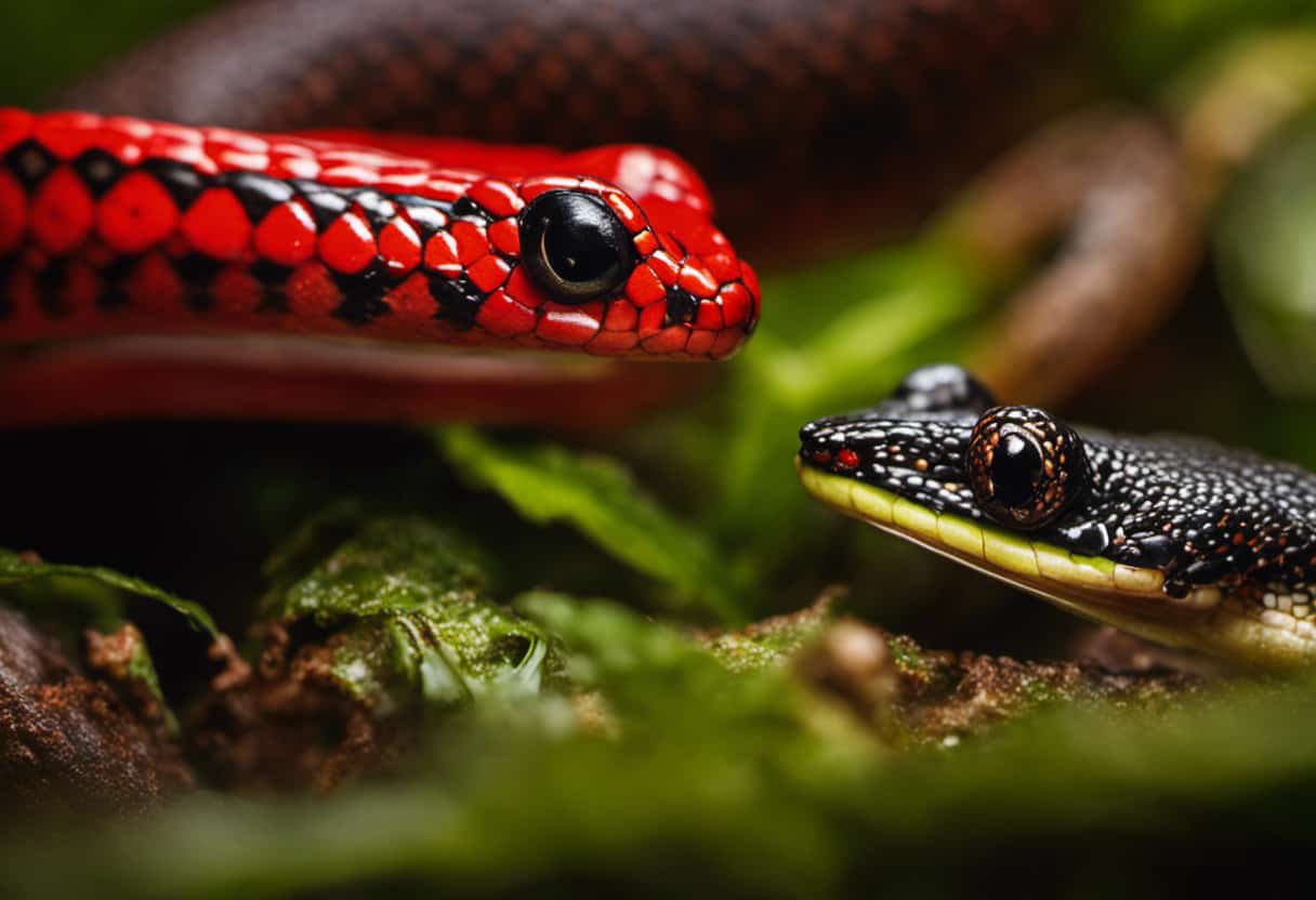 An image showcasing the diverse diet of scarlet snakes, capturing their slender bodies coiled around a glistening frog, a wriggling earthworm, and a startled lizard, providing a glimpse into their fascinating feeding habits