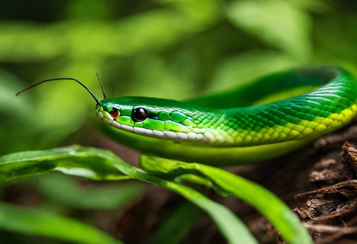 An image showcasing a vibrant smooth green snake delicately coiled around a vibrant leafy branch, while capturing the moment it strikes its prey - a plump, unsuspecting grasshopper - vividly illustrating the feeding habits of green snakes