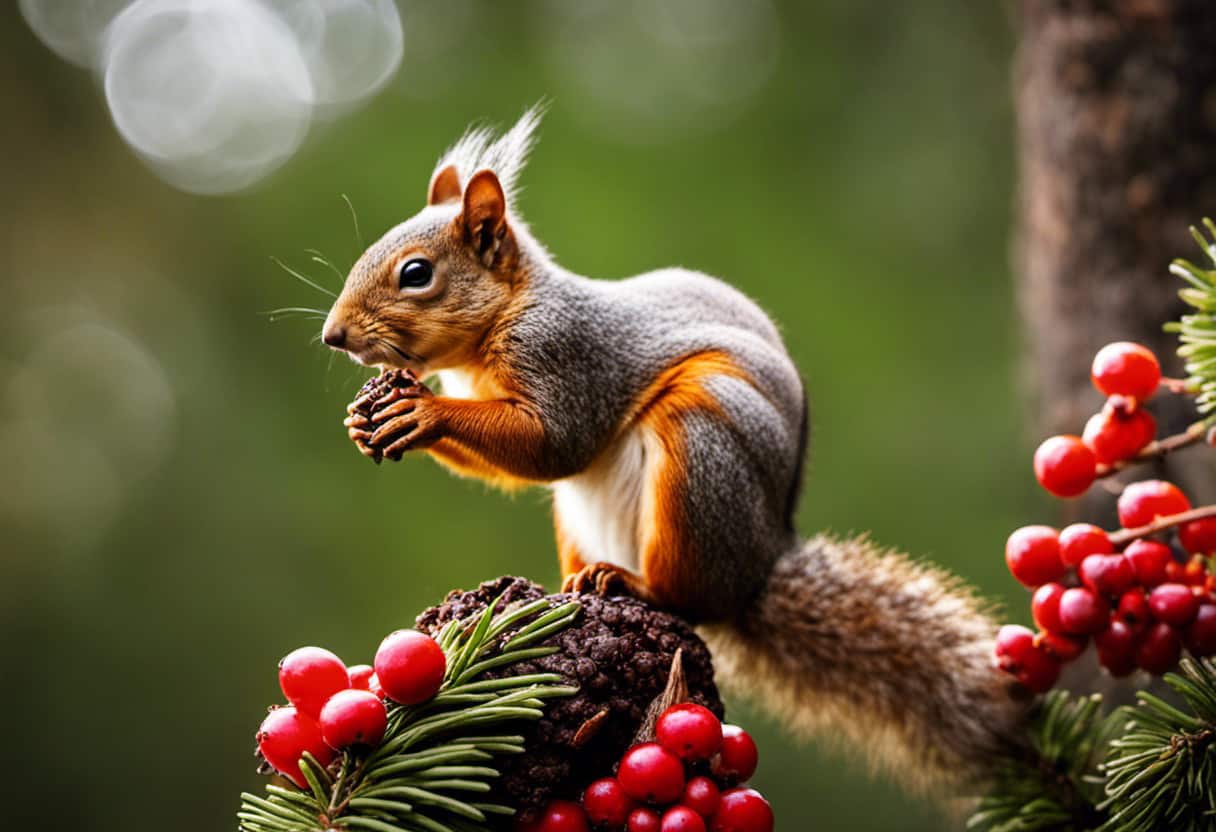 An image capturing a vibrant scene of a squirrel perched on a tree branch, feasting on a variety of delectable natural foods found in your yard, such as acorns, pinecones, berries, and mushrooms