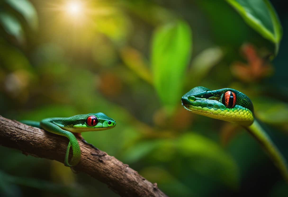 An image showcasing a vibrant tropical rainforest scene, with a slender tree snake stealthily coiled around a branch, eyeing its prey - a colorful tree frog hopping nearby - as sunlight filters through the lush foliage