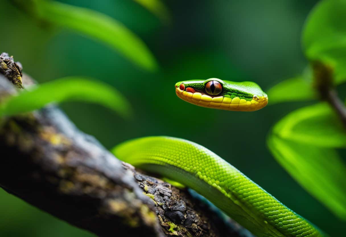 An image capturing the vibrant hues of a lush rainforest, showcasing a slender green tree snake coiled around a branch