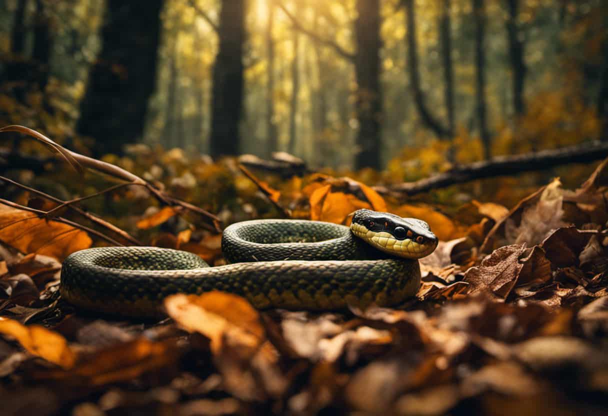 An image showcasing a lush forest scene with a venomous viper snake camouflaged among fallen leaves and a variety of prey items, such as rodents, birds, and lizards, to illustrate the diverse factors influencing their diet