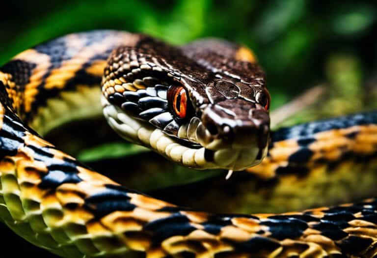 An image illustrating a close-up view of a venomous viper snake's fangs sinking into a helpless prey, showcasing the reptile's specialized curved fangs, vibrant scales, and intense predatory gaze