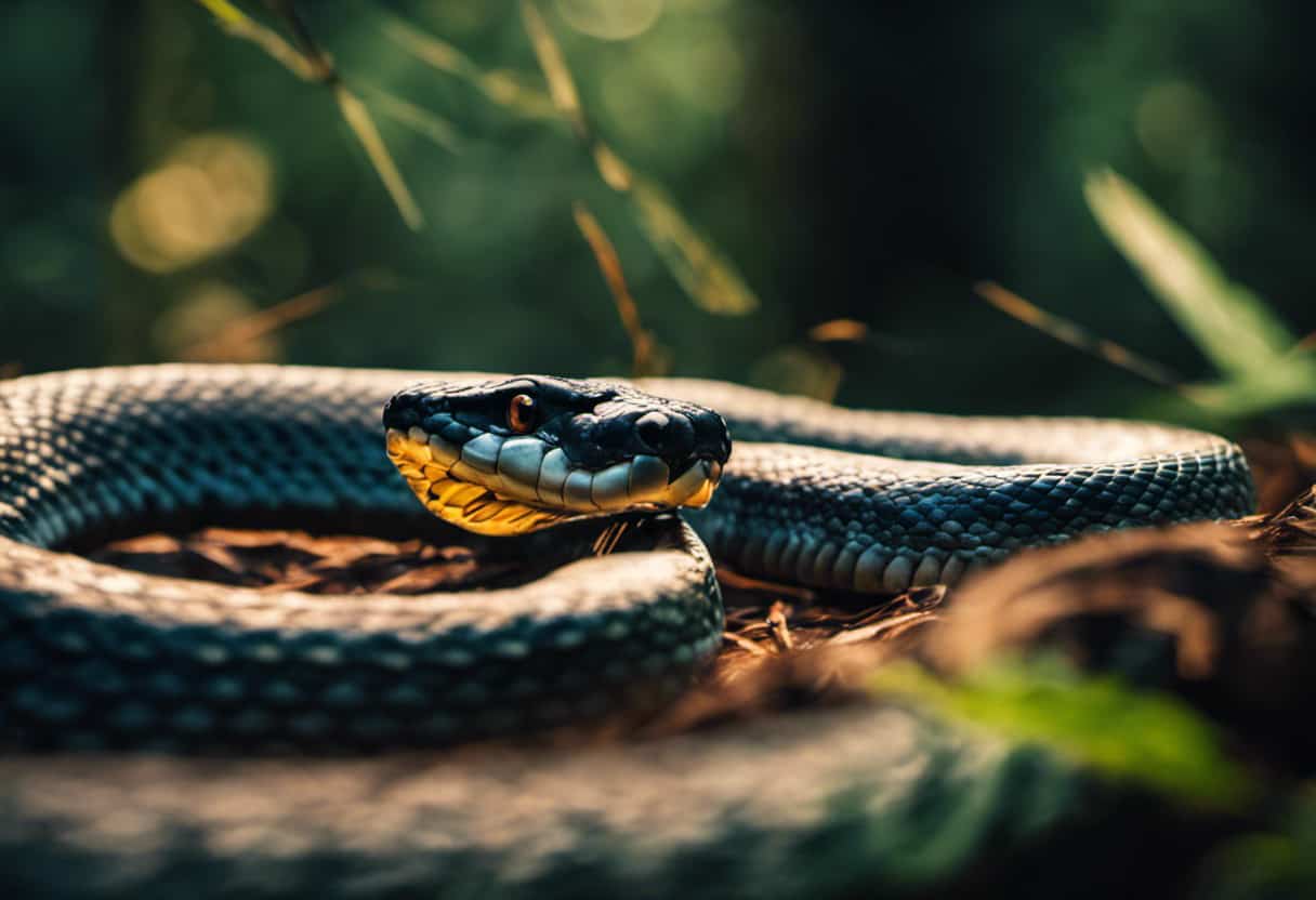 An image showcasing a mesmerizing moment of a Viper Snake, its menacing fangs poised to strike, as it targets a small, unsuspecting mammal amidst a lush forest backdrop