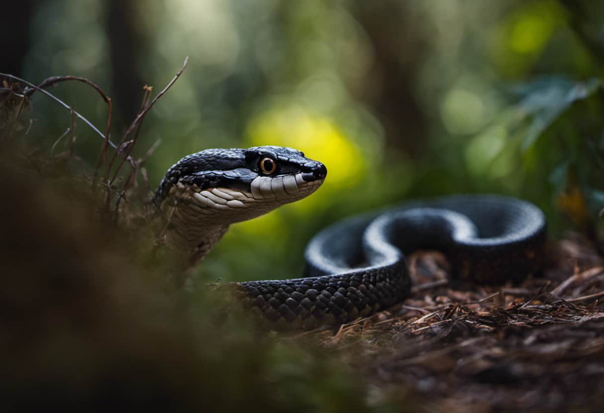 An image capturing the intense moment when a viper snake stealthily strikes a stunning ground or tree bird, showcasing the intricate interplay between predator and prey in the dense wilderness