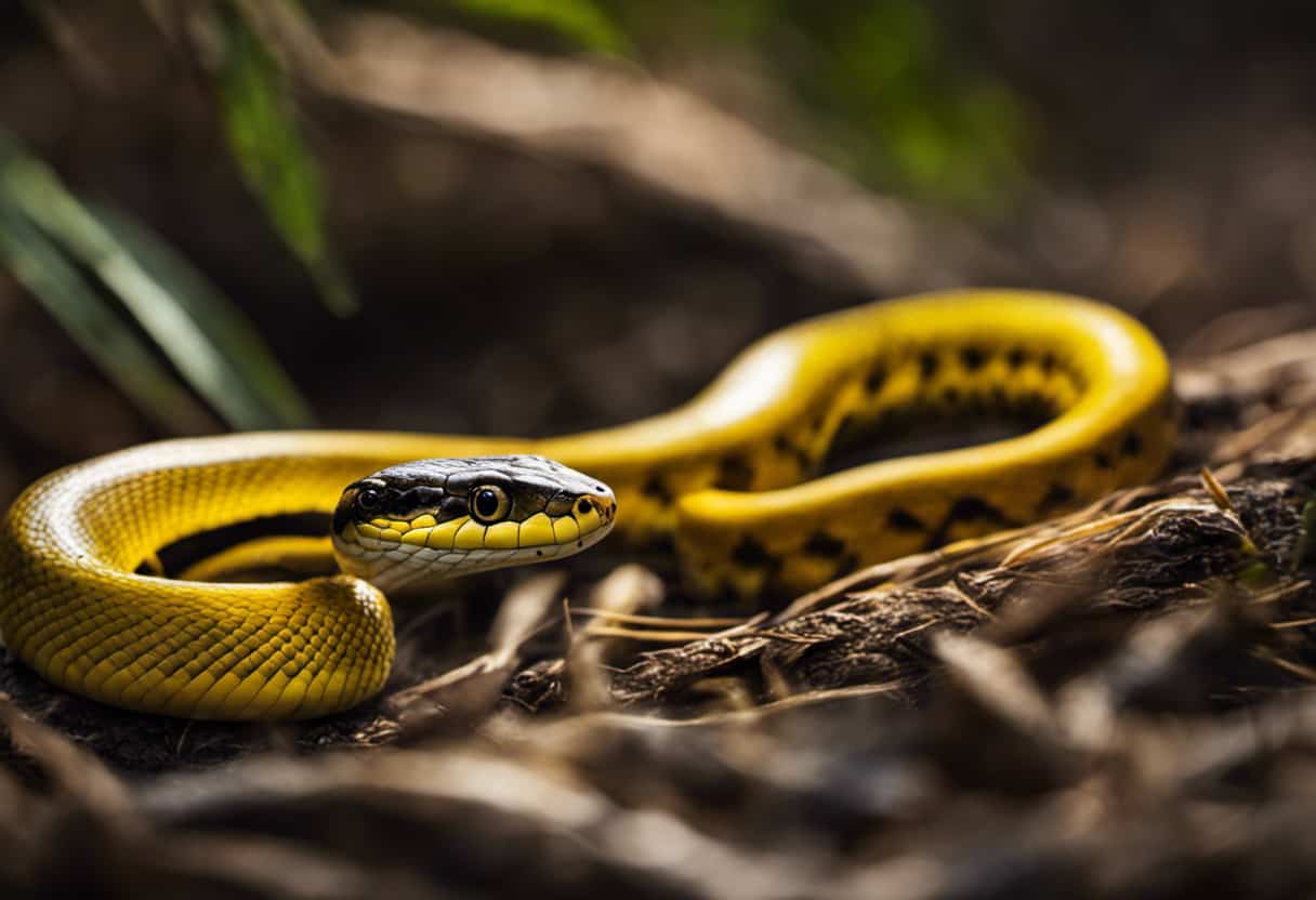 An image capturing the intense moment when a vibrant yellow racer snake swiftly coils around a startled bird, showcasing the predator-prey relationship between these slender serpents and their avian meals