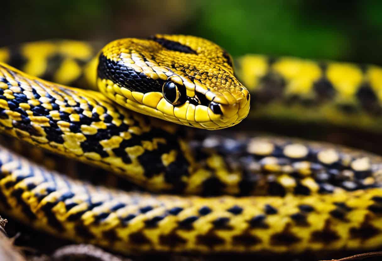 An image showcasing a vibrant, close-up view of a yellow racer snake stealthily coiling around its prey, a plump, unsuspecting lizard, capturing the intensity and precision of the snake's feeding habits