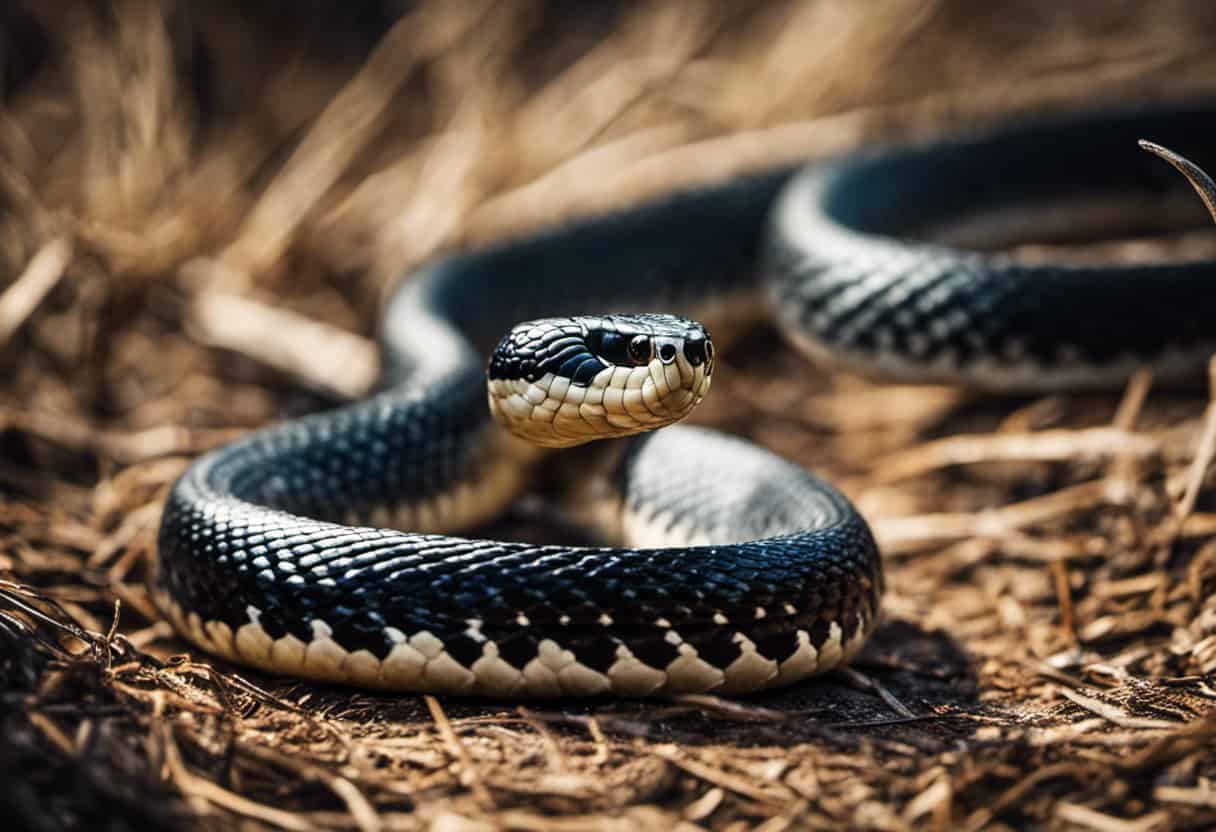 An image showcasing a dramatic standoff between a ferocious king snake and a venomous rattlesnake, capturing the intense moment of predation