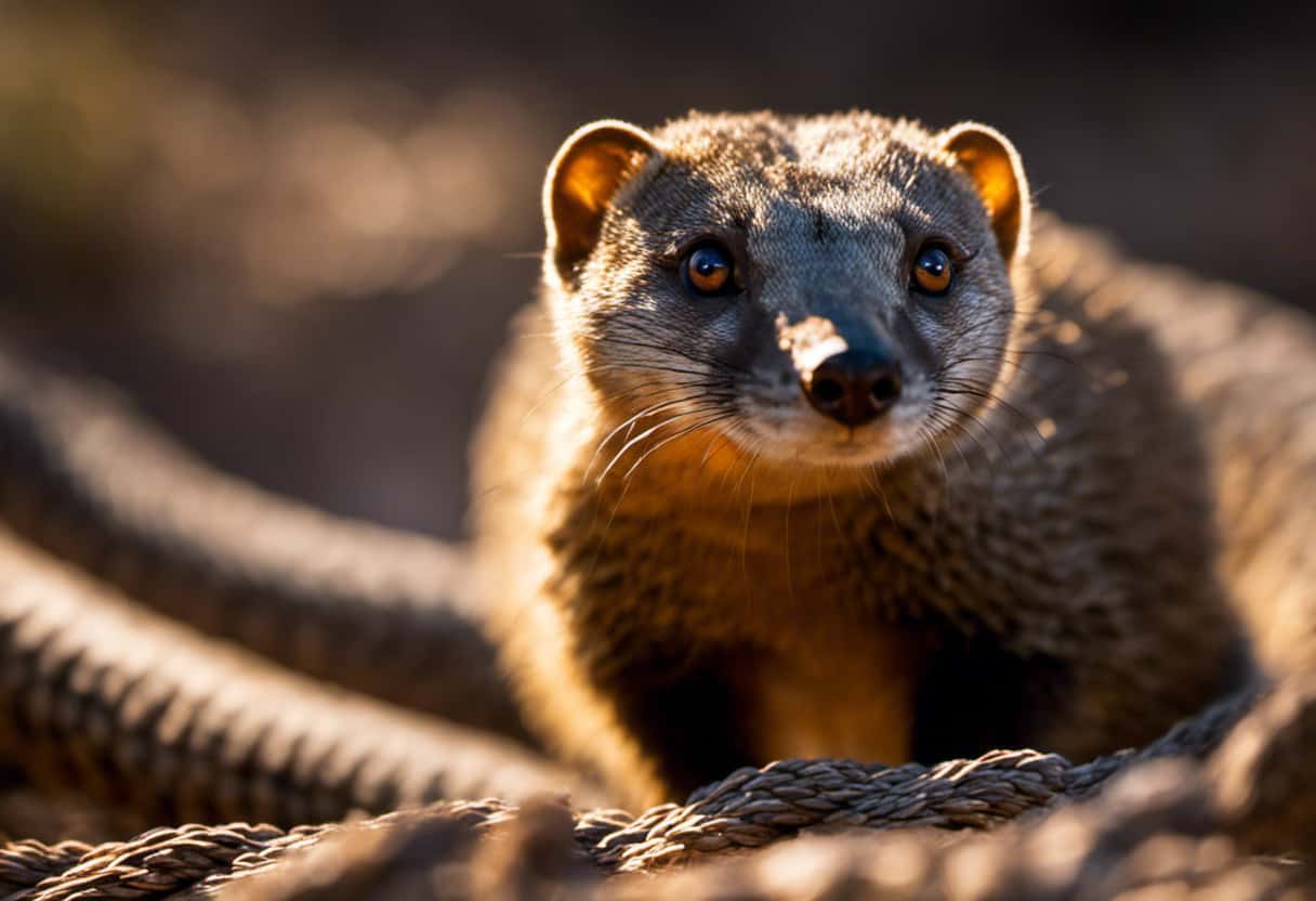 An image showcasing the mesmerizing sight of a majestic mongoose, its sleek body coiled around a lifeless rattlesnake, vividly depicting the extraordinary immunity of these fearless creatures to the lethal venom