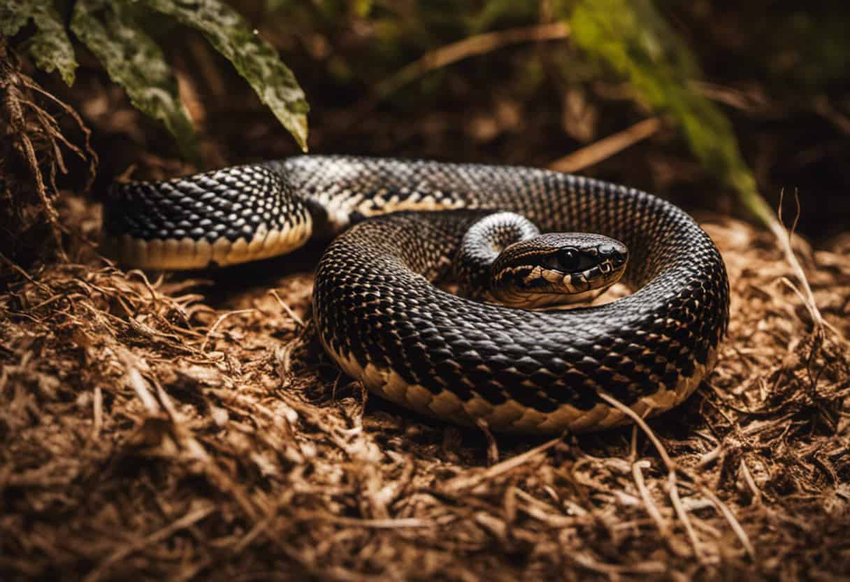 An image showcasing a vibrant, patterned Kingsnake coiled around a lifeless Rattlesnake