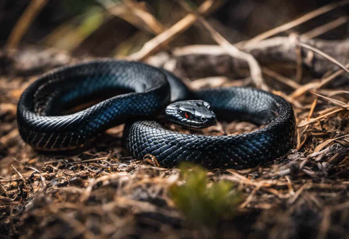 An image capturing the intense moment of a sleek, jet-black Black Racer snake coiled around a venomous rattlesnake, its powerful jaws clamped onto the adversary's head, showcasing nature's awe-inspiring predator in action