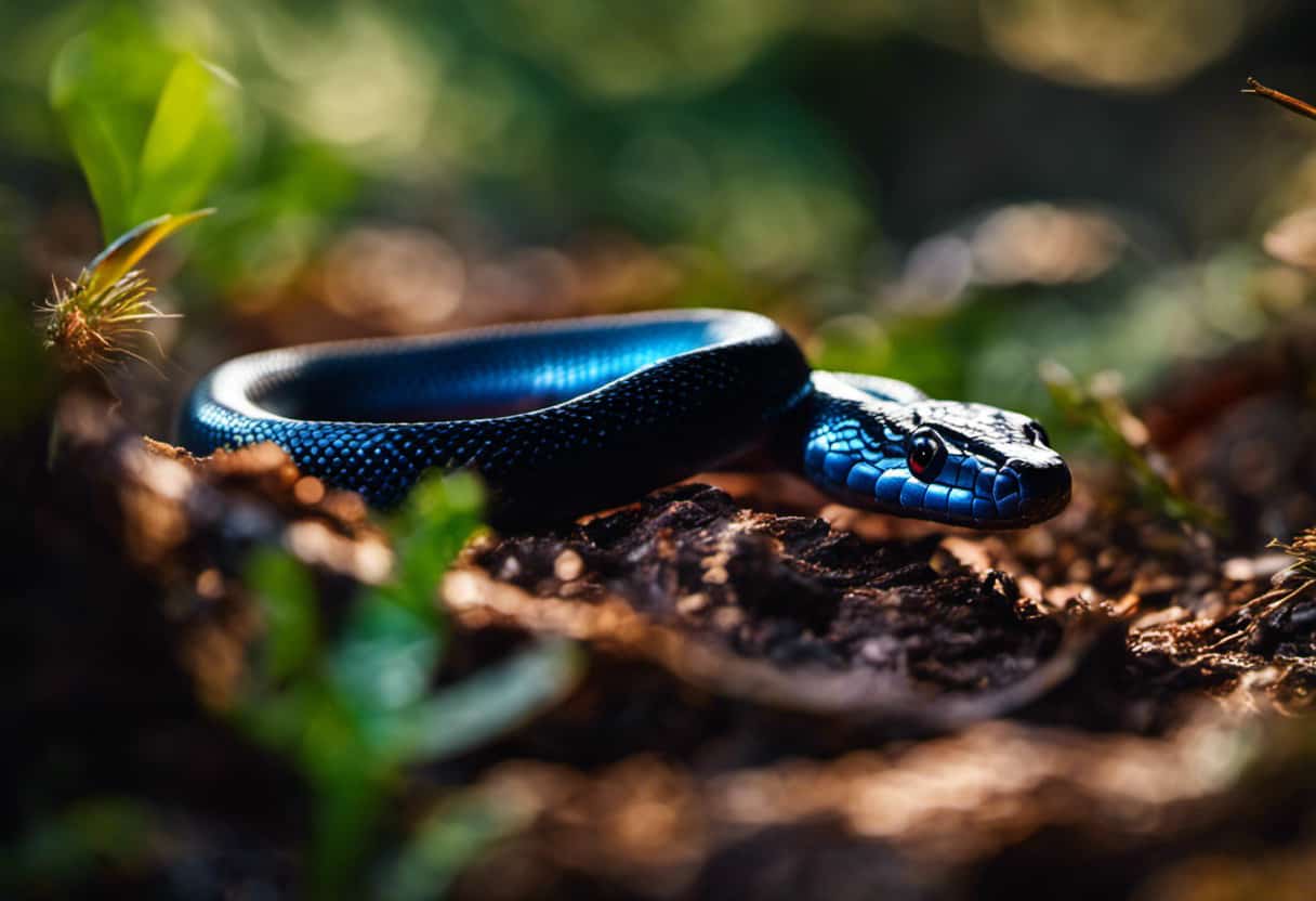 An image of a mesmerizing Indigo Snake, showcasing its sleek, iridescent scales glistening under the sun, as it triumphantly devours a venomous rattlesnake, symbolizing nature's ultimate predator