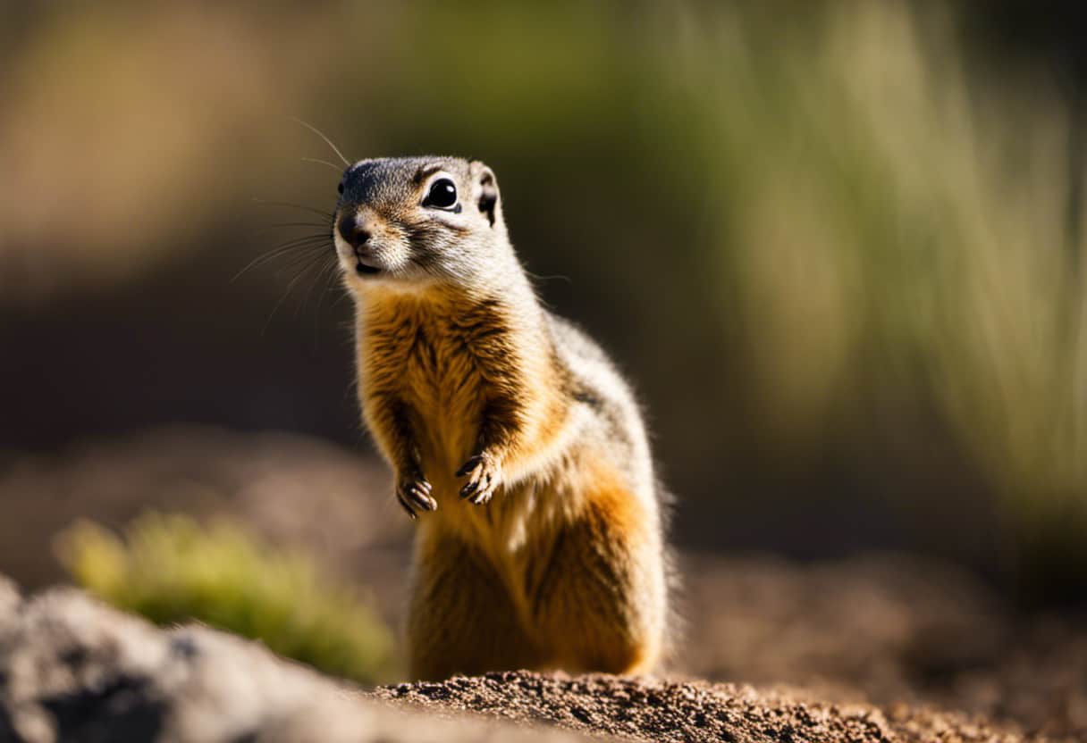 An image showcasing the vibrant diversity of California Ground Squirrels, capturing their various colorations (ranging from light brown to gray) and their unique features like bushy tails, small rounded ears, and distinct facial markings