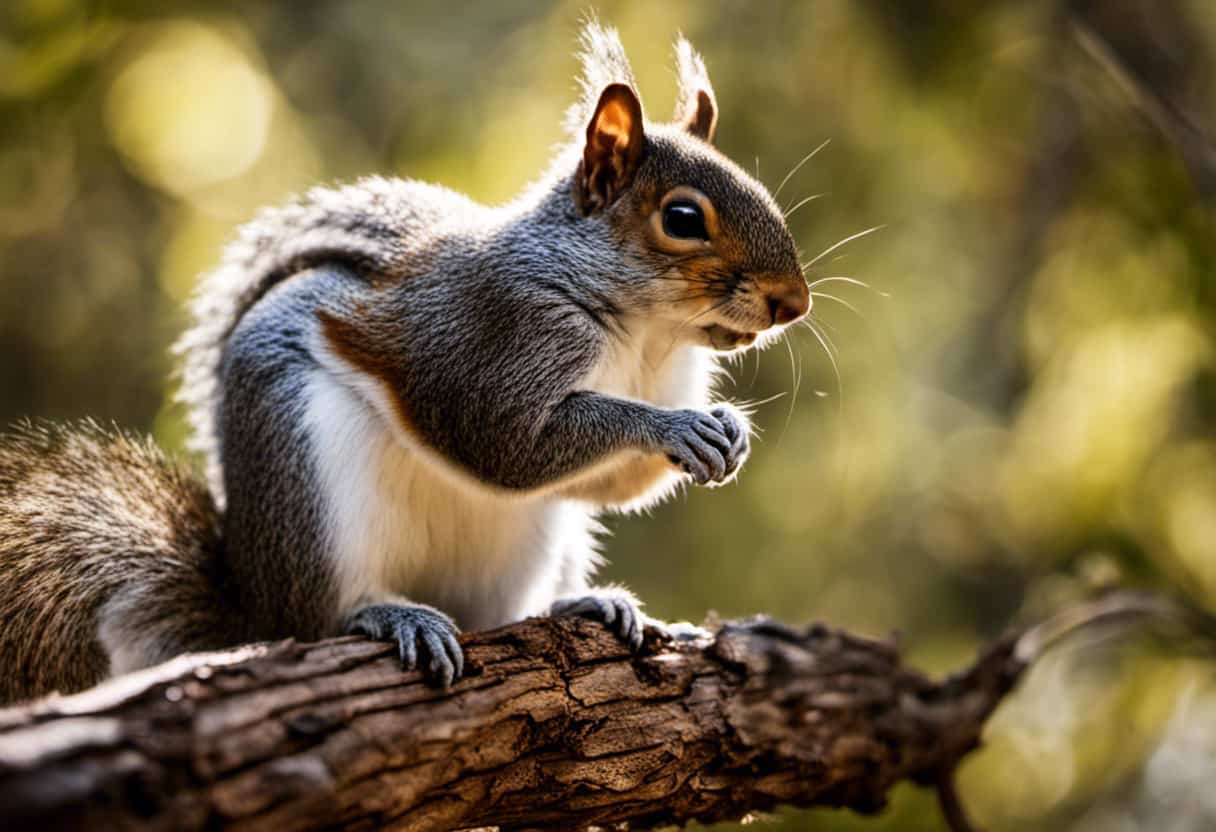 An image capturing the essence of Eastern Gray Squirrels in California: a nimble squirrel with a coat of predominantly gray fur, bushy tail, and delicate white belly, gracefully perched on a majestic oak branch amidst a sunlit forest backdrop