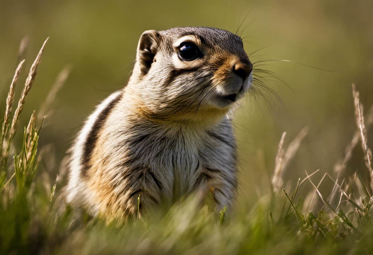  an image capturing the vibrant essence of a Thirteen-lined Ground Squirrel, showcasing its distinctive thirteen brown and white stripes, slender body, and alert posture, amidst a grassy prairie habitat