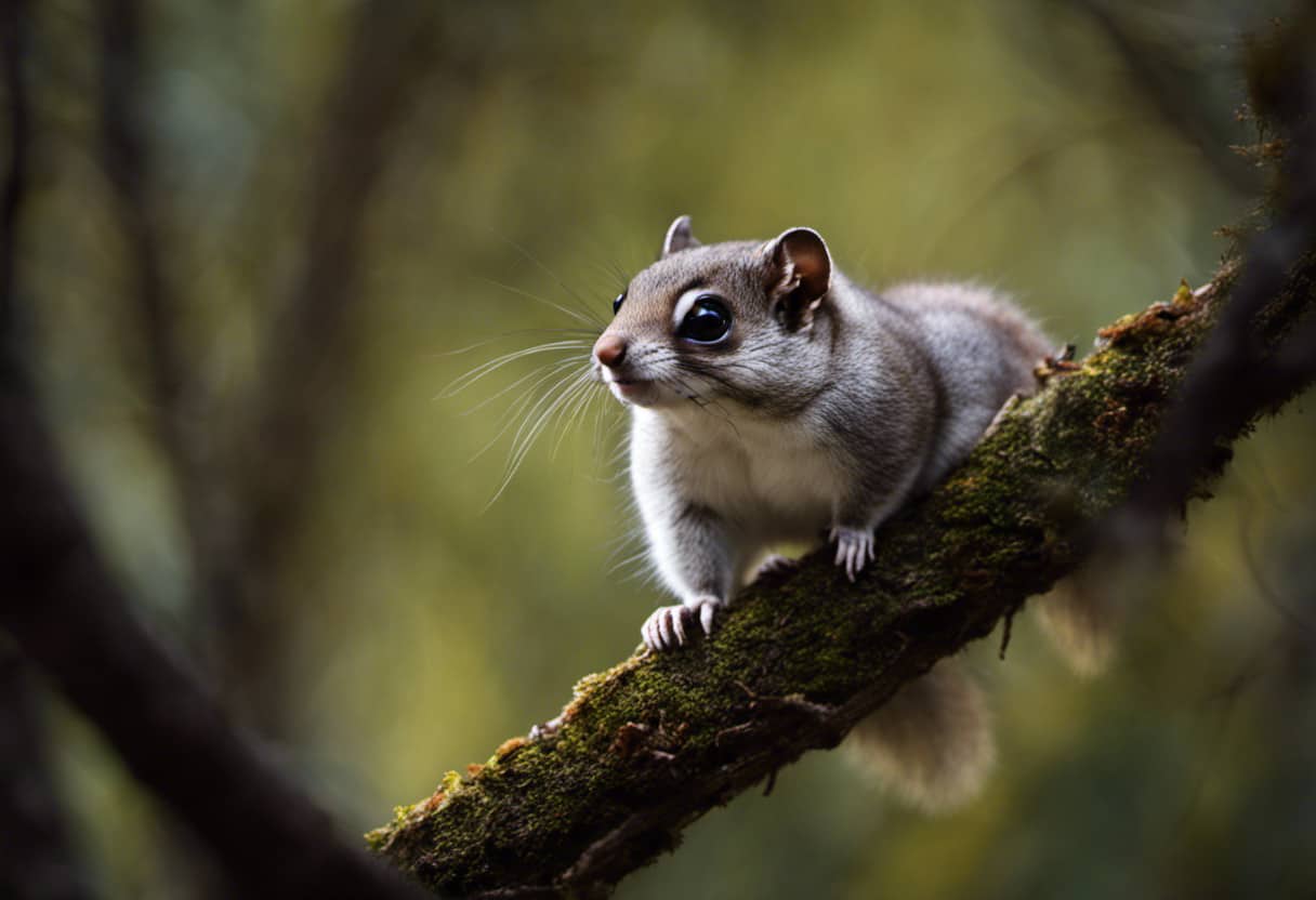 An image capturing the enchanting presence of a Northern Flying Squirrel, showcasing its distinctive large eyes, velvety gray fur, and outstretched gliding membrane as it gracefully soars through a dense forest canopy