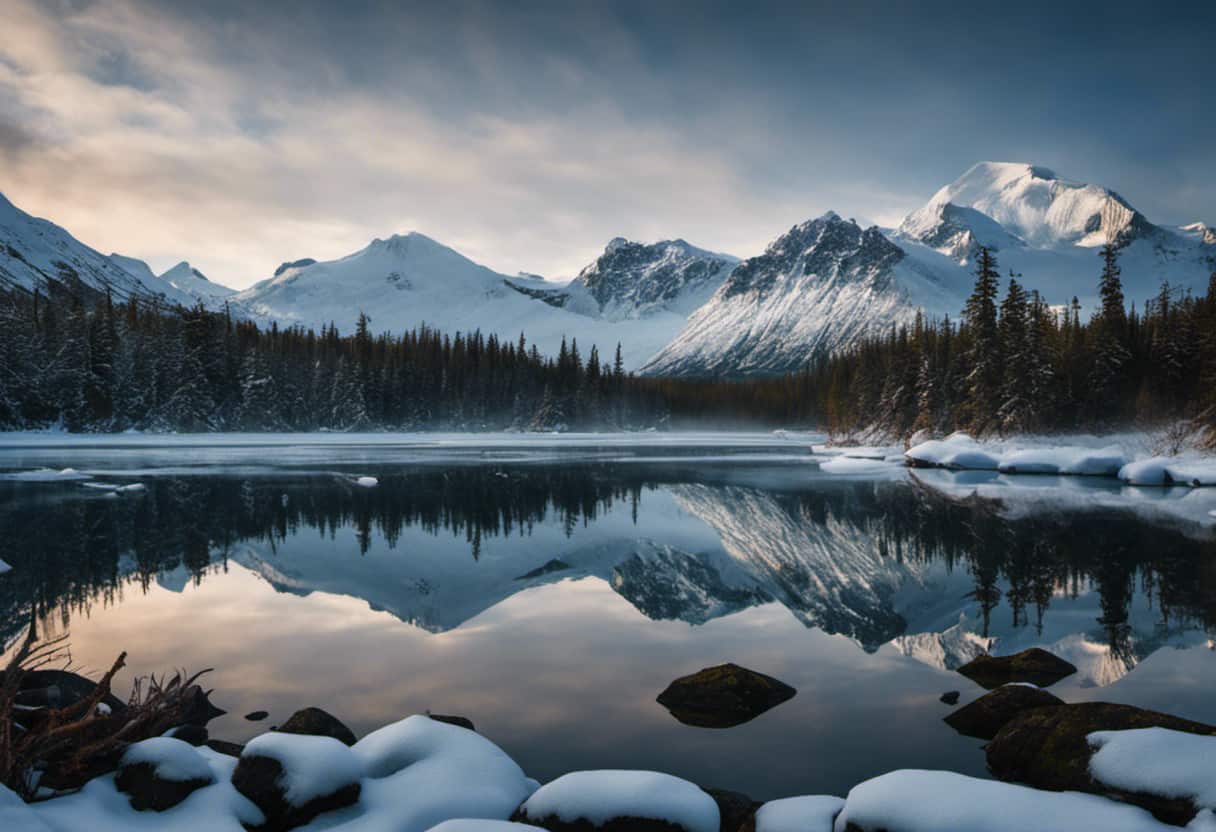 An image showcasing Alaska's icy wilderness, with snow-capped mountains, a serene lake, and a diverse array of captivating wildlife