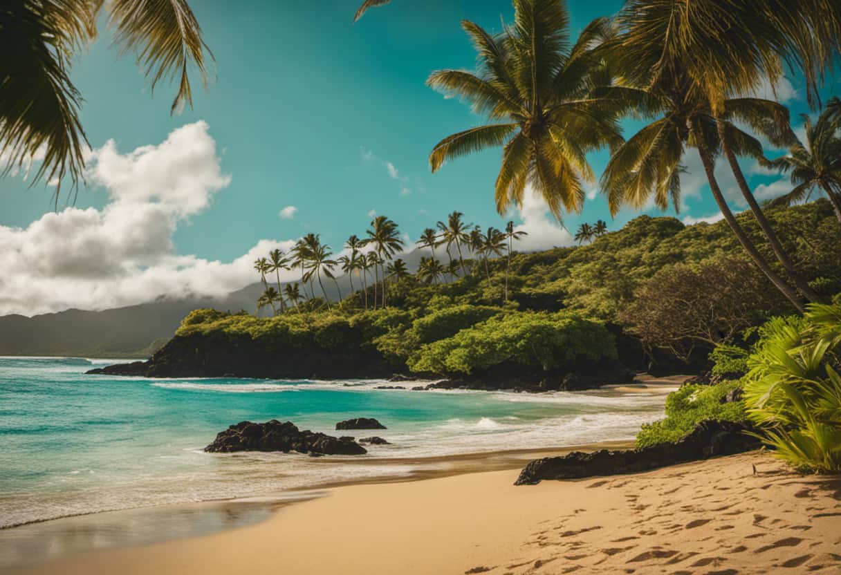 An image showcasing the vibrant Hawaiian landscape, featuring a golden sandy beach framed by lush palm trees, with a clear turquoise ocean in the background