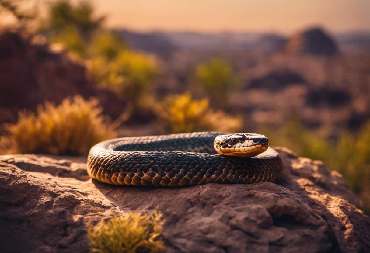 An image showcasing a sunlit, rocky desert landscape with a snake basking on a warm stone, surrounded by vibrant foliage, illustrating the optimal temperature conditions that snakes prefer for maximum activity