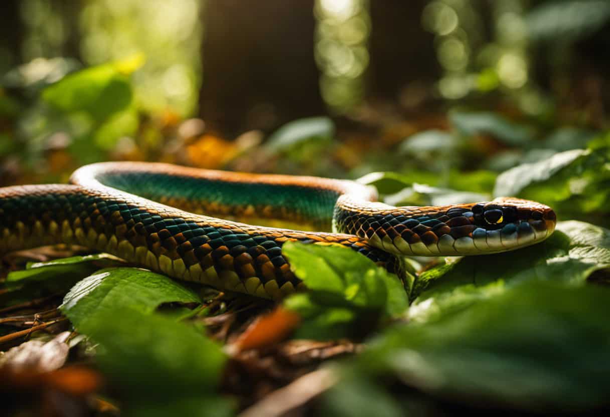 An image capturing the vibrant hues of a sunlit forest floor, where a diurnal snake basks under a canopy of leaves, its serpentine body gracefully coiled, showcasing its patterned scales in the warm midday glow