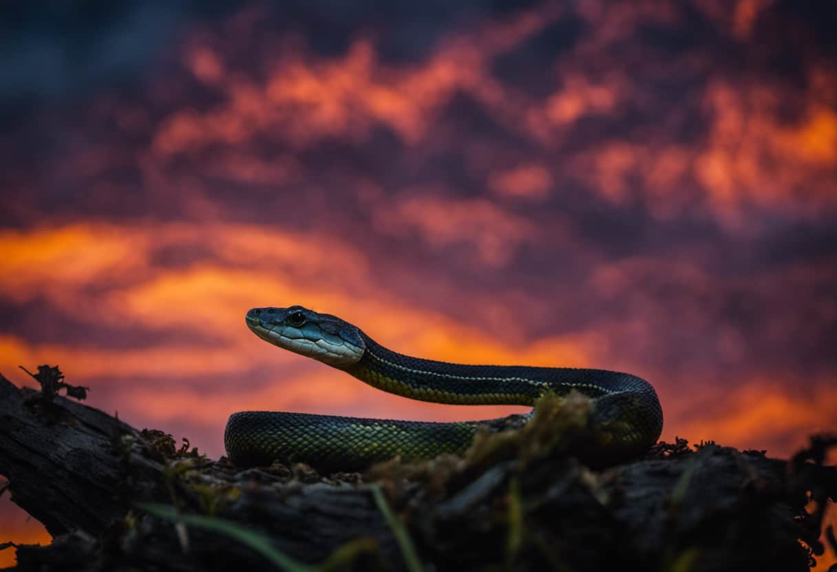 An image capturing the enchanting moment of twilight, with the silhouette of a majestic snake gracefully slithering through the vibrant hues of a dusky sky, exemplifying the crepuscular behavior of these captivating reptiles
