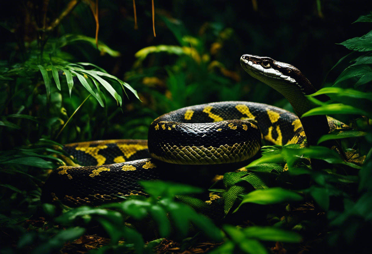 An image capturing the moonlit silhouette of a slithering python, gracefully navigating through a dense jungle undergrowth