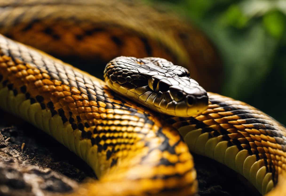 An image showcasing a close-up of a snake's shedding process, with its vibrant scales peeling off in delicate layers