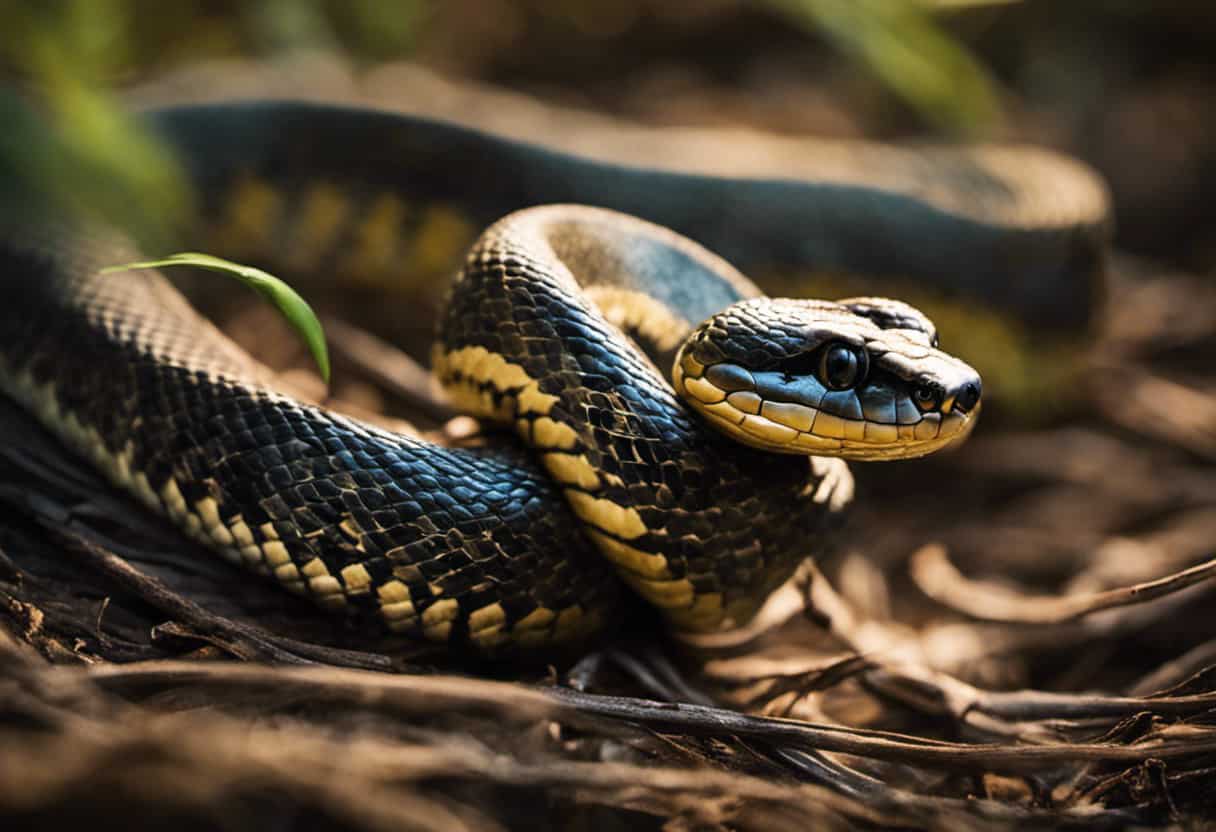 An image capturing the consequences of improper shedding for snakes: a distressed snake entangled in its old, tight skin, struggling to breathe as the constricting layers restrict its movements, illustrating the urgent need for proper shedding