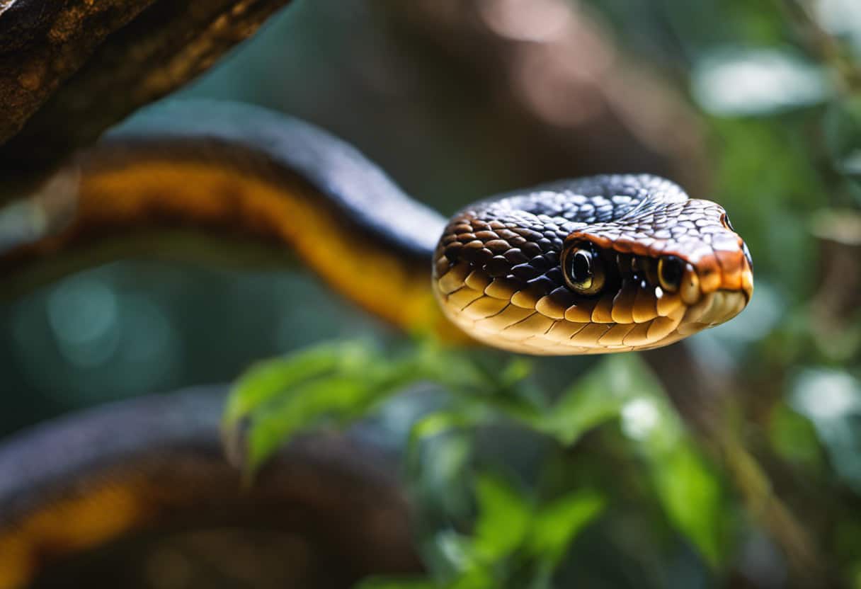 An image capturing a close-up of a vibrant snake, gracefully coiled around a tree branch, its scales glistening in the sunlight as it sheds its old skin, revealing the mesmerizing transformation beneath