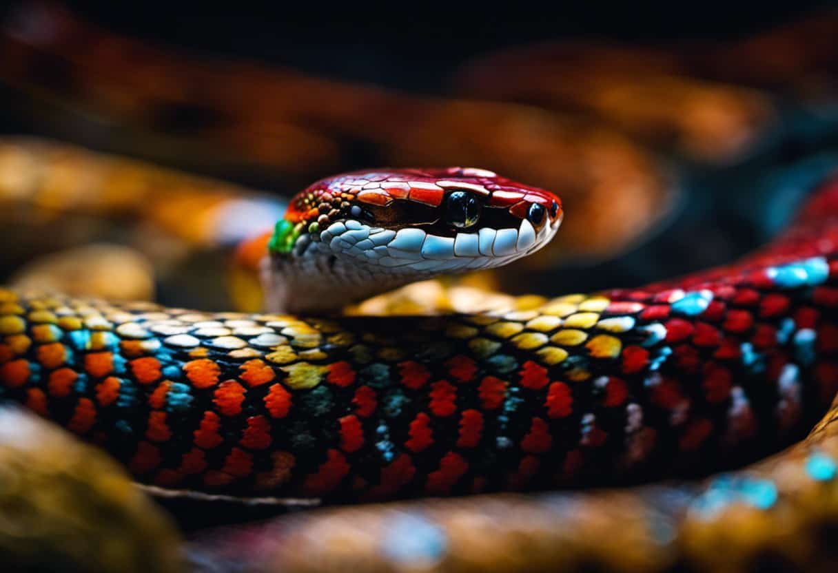 An image capturing the transformative process of a snake shedding its skin, highlighting its intricate patterns, vibrant colors, and the delicately hanging old skin, juxtaposed with other animals shedding their fur, feathers, or scales