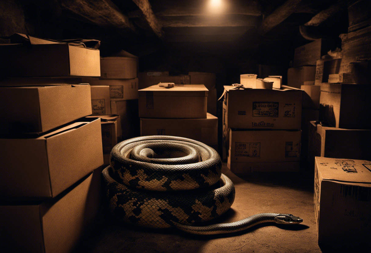 An image that captures the eerie atmosphere of a dimly lit basement or cellar, featuring a snake coiled amidst stacked boxes, its scales subtly blending with the shadows, revealing the hidden dangers within our homes