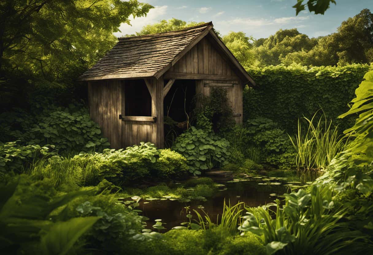 An image capturing a serene backyard scene, revealing a rustic wooden shed with overgrown vines and a small pond nearby