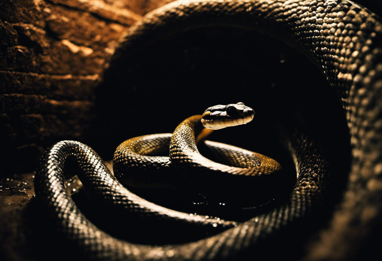 An image depicting a snake coiled around a leaking pipe in a dark basement corner, with droplets of water falling into a small pool, highlighting the potential hiding spots snakes seek in houses