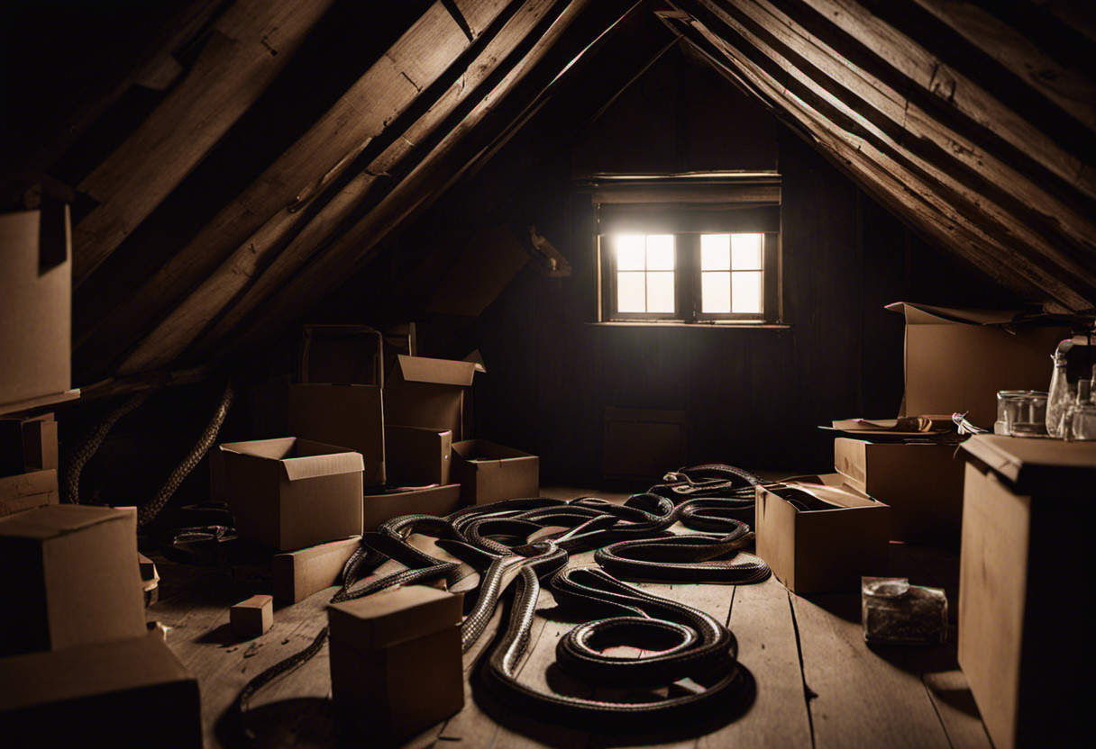 An image that showcases the potential hiding spots for snakes in houses: a cluttered attic with exposed rafters, a dark basement corner with stacked boxes, and a crack in the foundation leading to a crawl space