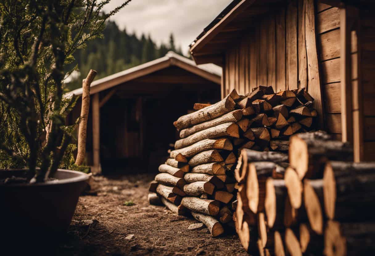 An image showcasing a cozy wooden shed with neatly stacked firewood, nestled against the side of a house