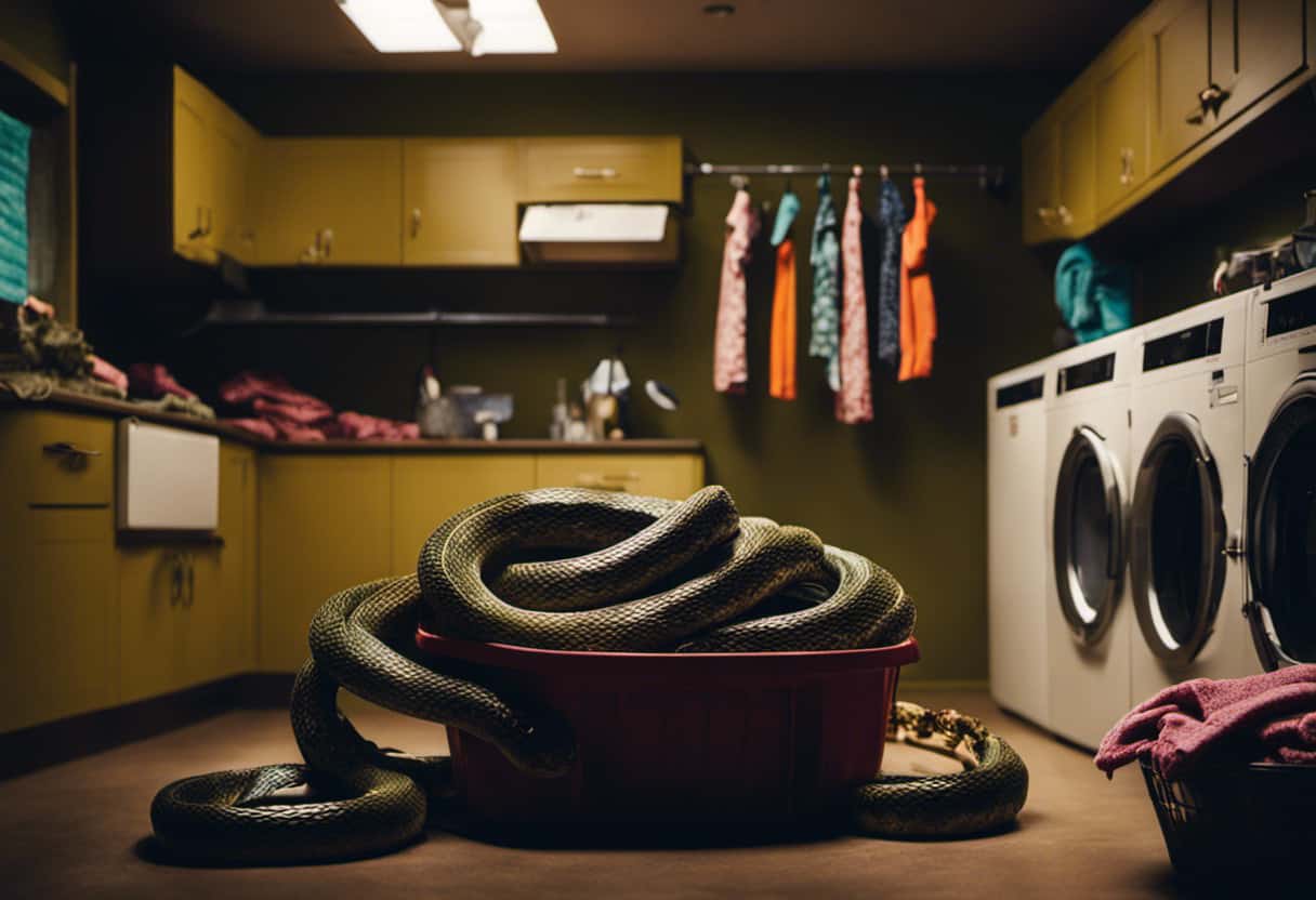 An image showcasing a dimly lit laundry room, with a coiled snake camouflaged amidst a pile of clothes waiting to be washed