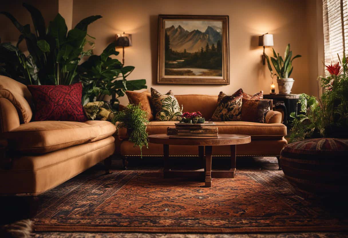 An image that vividly depicts an unsuspecting living room, adorned with a plush sofa, potted plants, and a cozy fireplace, as a slithery serpent cunningly conceals itself amidst the intricate patterned rug