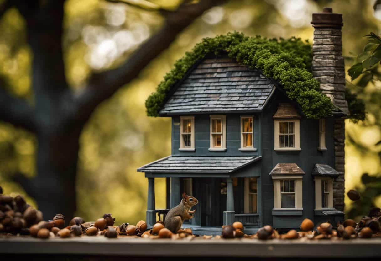An image capturing a suburban house nestled amidst a lush garden, with a bird feeder hanging from a tree, scattered acorns on the ground, and a squirrel perched on the roof, showcasing the factors that entice squirrels to houses