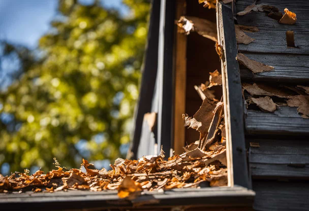An image capturing the destruction caused by squirrels on your house: a gnawed wooden window frame with scattered wood shavings, a torn-out section of roof shingles with visible bite marks, and chewed wires dangling from an exposed attic