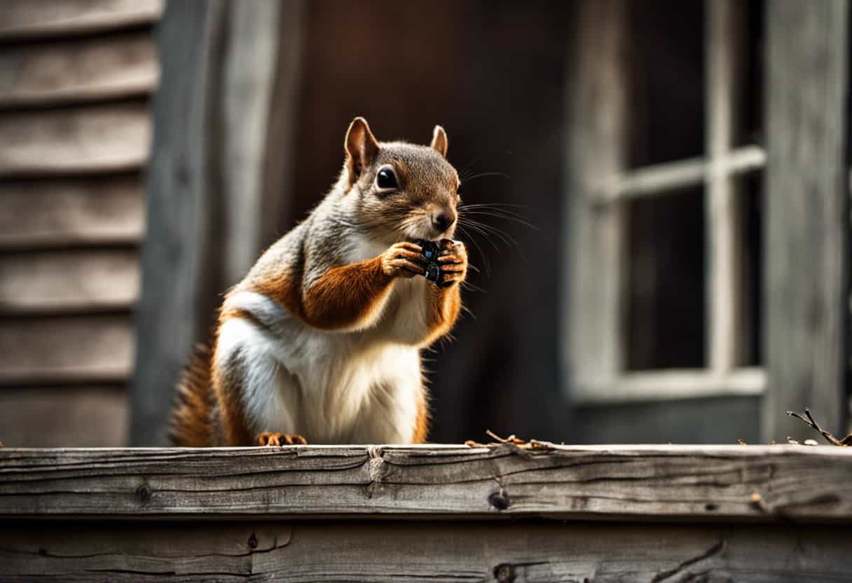 An image depicting a frustrated homeowner standing outside their house, watching as squirrels gnaw on the wooden siding